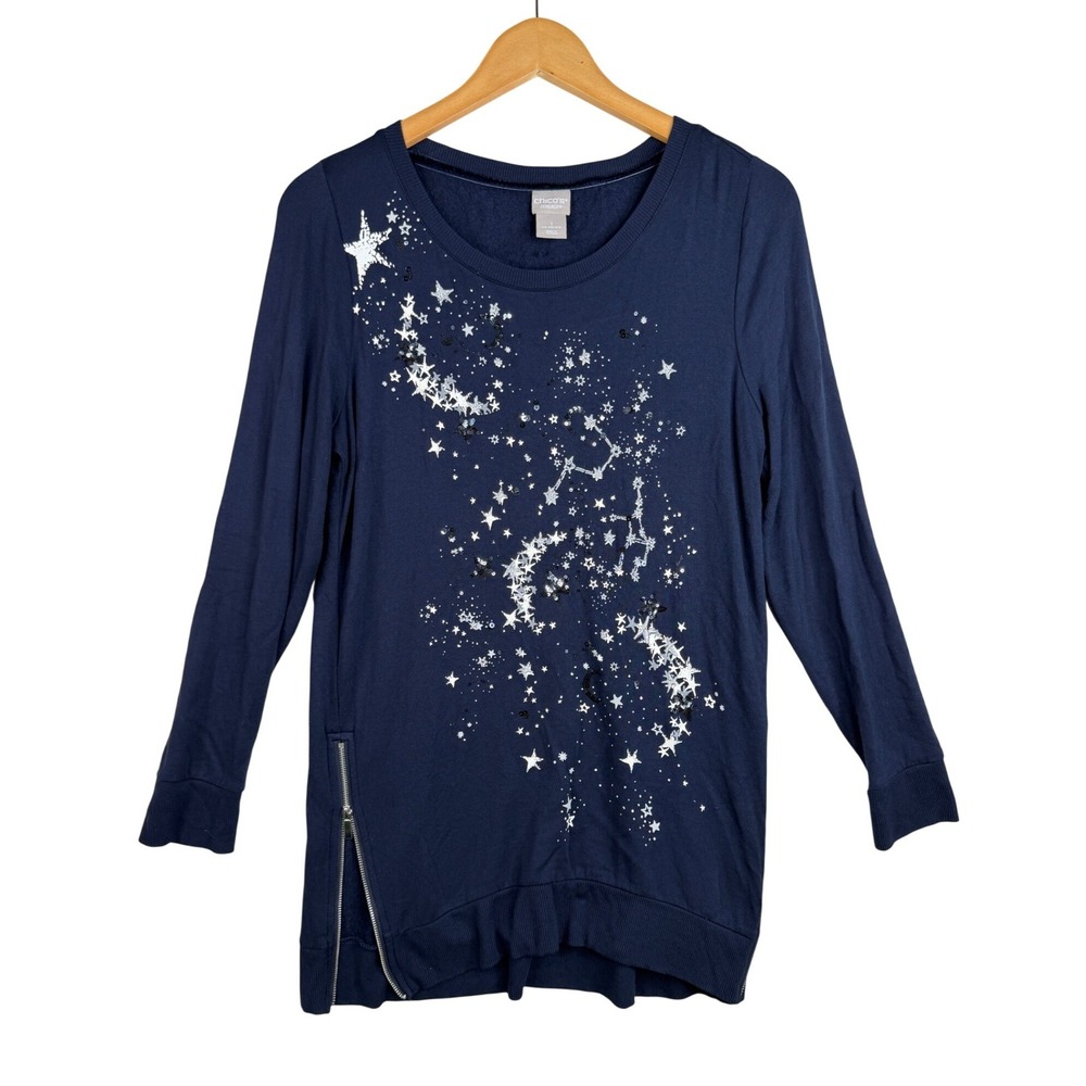 Zenergy Chicos Navy Blue Sequin 3/4 Sleeve Side Zippers Sweatshirt Sz 1 | US 10